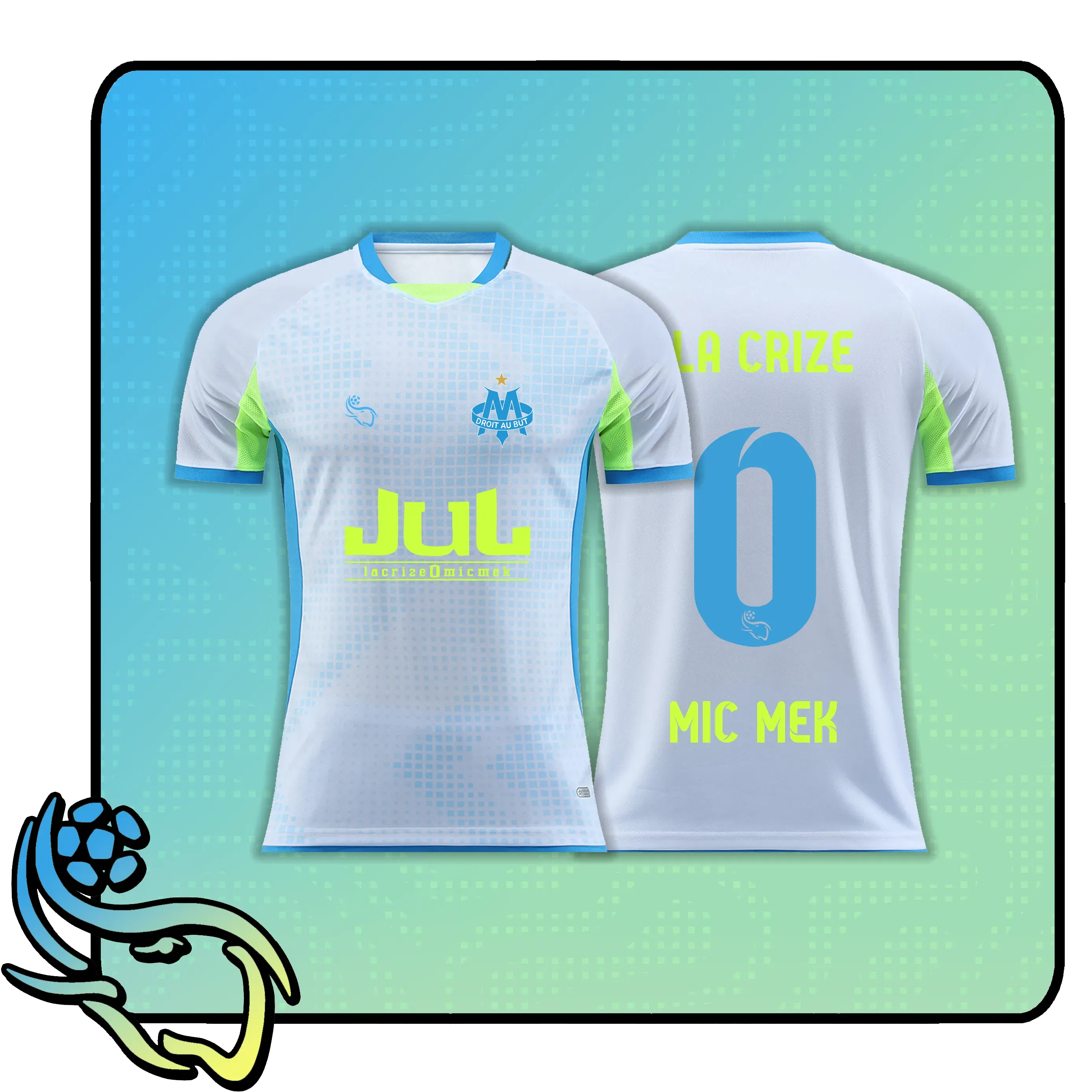 A soccer jersey mockup showing the front and back views. The jersey is white with a subtle dotted pattern, featuring light blue trim, a light blue Olympique de Marseille crest, a bright yellow-green sponsor logo 'JUL', and neon green sleeve accents.
